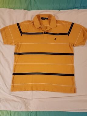 Nautica Men’s Yellow & Blue Striped Polo Shirt. Size Large